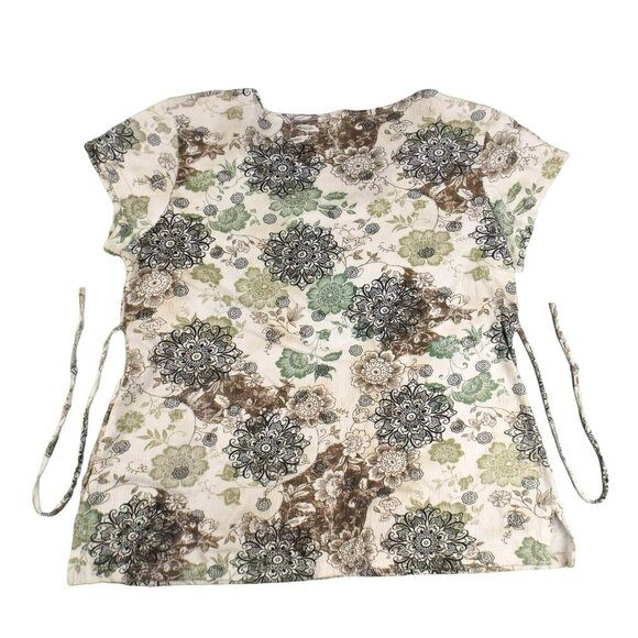Susan Lawrence Woman's Top with Waist Ties Beige Green Floral Print XL  JH962 - Picture 3 of 3